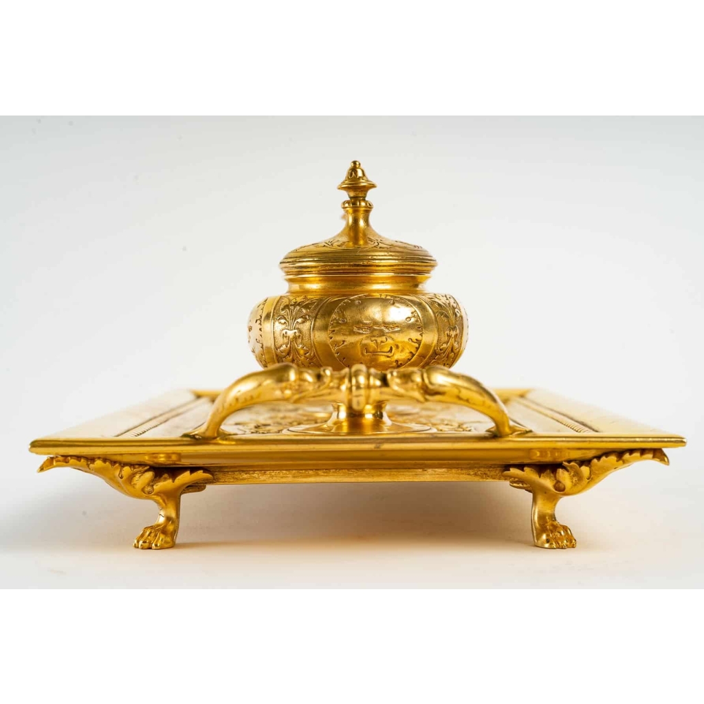 Encrier double du XIXème siècle, époque Napoléon III, Bronze doré