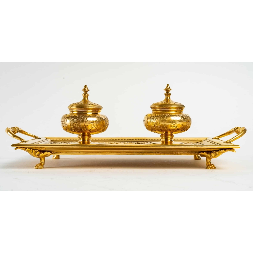 Encrier double du XIXème siècle, époque Napoléon III, Bronze doré