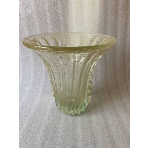 1970′ Vase de Murano Avec Bulles et Inclusions d’Or, Cristal Vert Opalescent , Signé Murano Toso