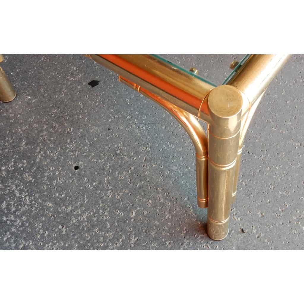 1970′ Paire de Tables ou Bouts de Canapés Style Maison Jansen Décor Bambou en Métal Doré