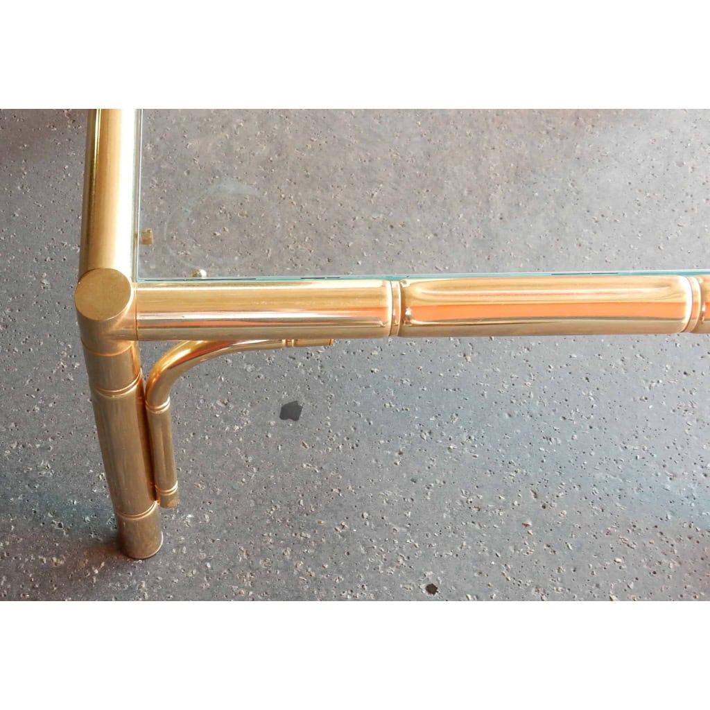 1970′ Paire de Tables ou Bouts de Canapés Style Maison Jansen Décor Bambou en Métal Doré