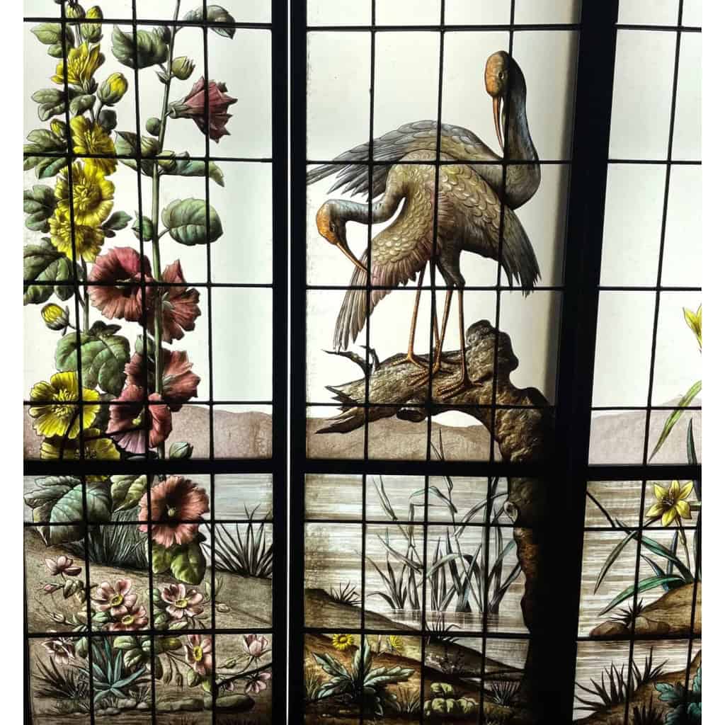 Vitrail vitraux aux échassiers signés Gesta | Biron Vitrail vitraux aux échassiers signés Gesta
