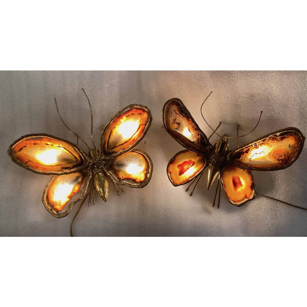 1970’Couple D’Appliques Papillon en Bronze ou Laiton, Duval Brasseur Ou Isabelle Faure, 4 Ampoules, Ailes d’Agate | Biron ||||||||||