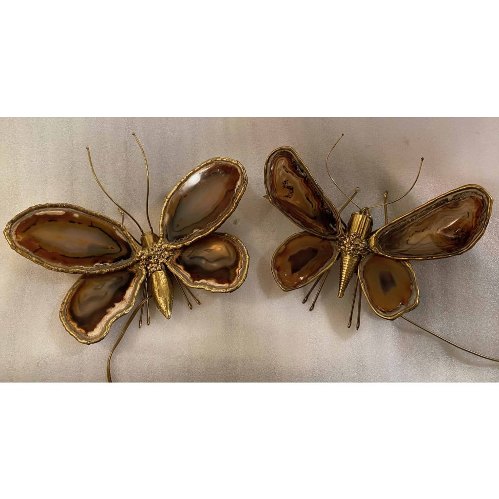 1970’Couple D’Appliques Papillon en Bronze ou Laiton, Duval Brasseur Ou Isabelle Faure, 4 Ampoules, Ailes d’Agate | Biron 1970’Couple D’Appliques Papillon en Bronze ou Laiton, Duval Brasseur Ou Isabelle Faure, 4 Ampoules, Ailes d’Agate