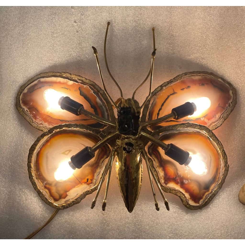 1970’Couple D’Appliques Papillon en Bronze ou Laiton, Duval Brasseur Ou Isabelle Faure, 4 Ampoules, Ailes d’Agate | Biron 1970’Couple D’Appliques Papillon en Bronze ou Laiton, Duval Brasseur Ou Isabelle Faure, 4 Ampoules, Ailes d’Agate