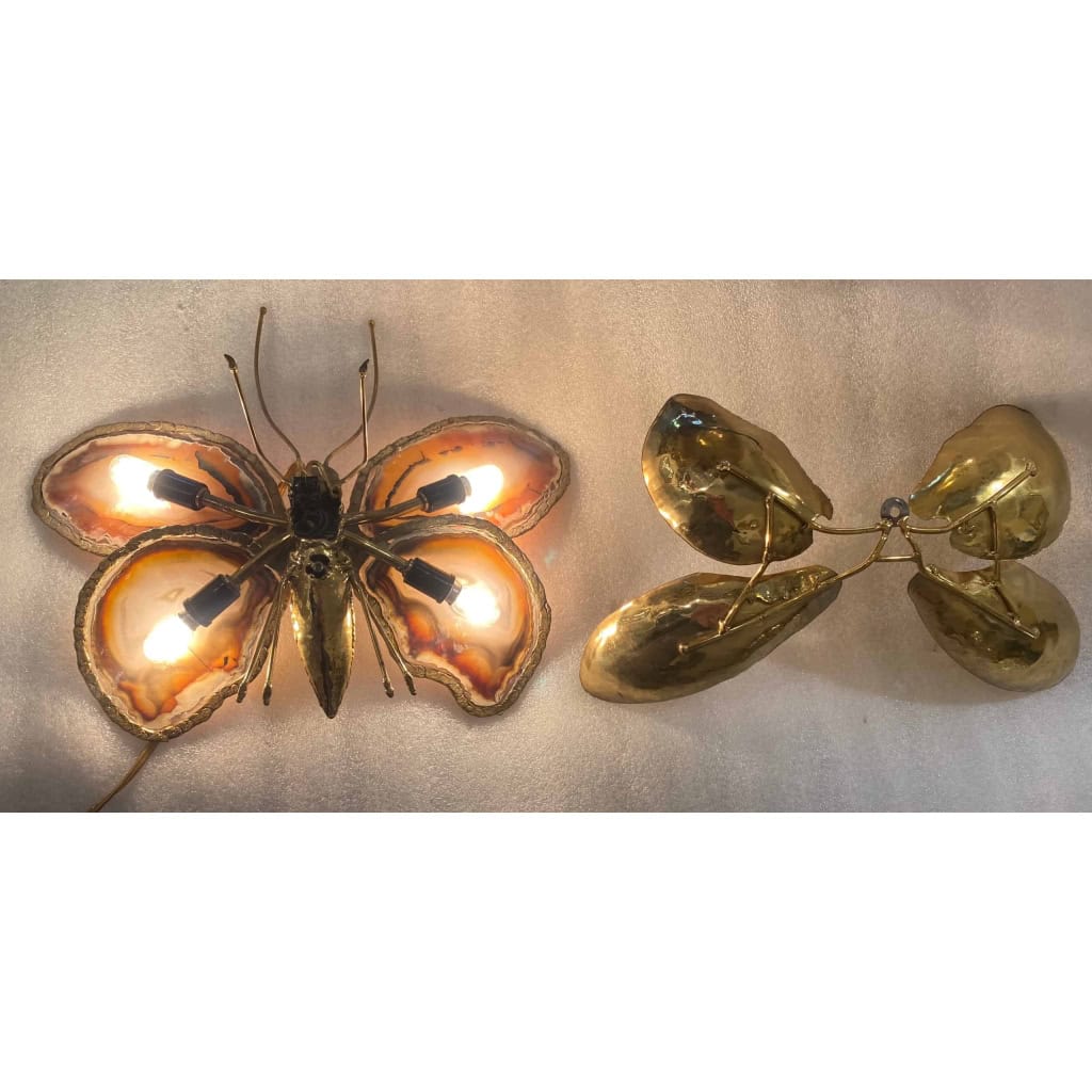 1970’Couple D’Appliques Papillon en Bronze ou Laiton, Duval Brasseur Ou Isabelle Faure, 4 Ampoules, Ailes d’Agate | Biron 1970’Couple D’Appliques Papillon en Bronze ou Laiton, Duval Brasseur Ou Isabelle Faure, 4 Ampoules, Ailes d’Agate