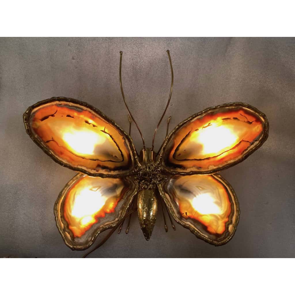 1970’Couple D’Appliques Papillon en Bronze ou Laiton, Duval Brasseur Ou Isabelle Faure, 4 Ampoules, Ailes d’Agate | Biron 1970’Couple D’Appliques Papillon en Bronze ou Laiton, Duval Brasseur Ou Isabelle Faure, 4 Ampoules, Ailes d’Agate