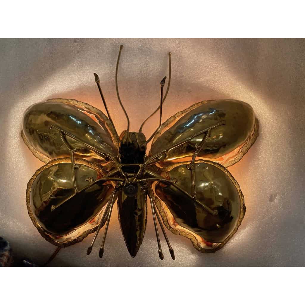 1970’Couple D’Appliques Papillon en Bronze ou Laiton, Duval Brasseur Ou Isabelle Faure, 4 Ampoules, Ailes d’Agate | Biron 1970’Couple D’Appliques Papillon en Bronze ou Laiton, Duval Brasseur Ou Isabelle Faure, 4 Ampoules, Ailes d’Agate