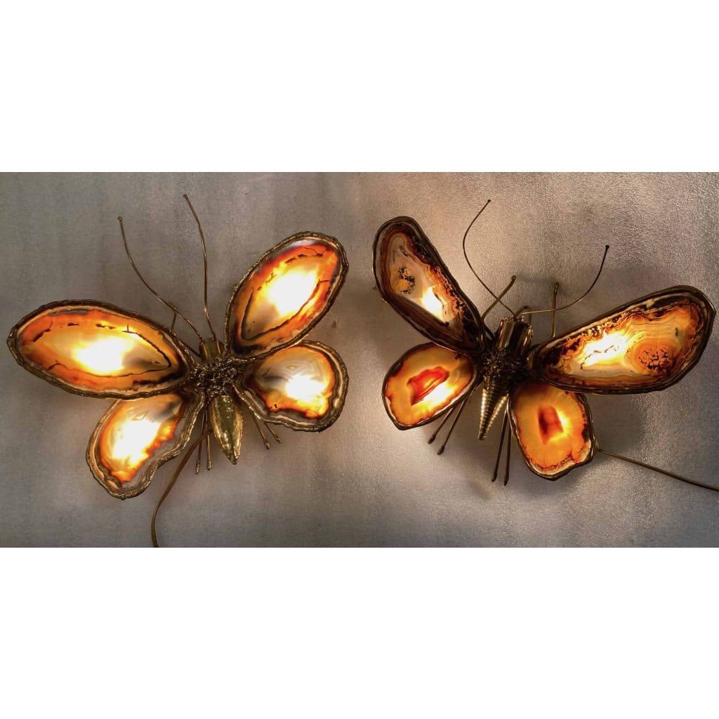1970’Couple D’Appliques Papillon en Bronze ou Laiton, Duval Brasseur Ou Isabelle Faure, 4 Ampoules, Ailes d’Agate | Biron 1970’Couple D’Appliques Papillon en Bronze ou Laiton, Duval Brasseur Ou Isabelle Faure, 4 Ampoules, Ailes d’Agate