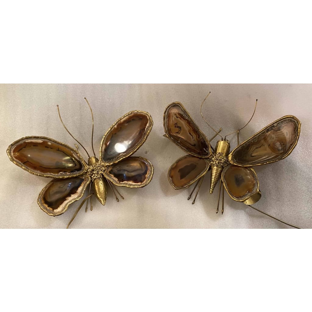 1970’Couple D’Appliques Papillon en Bronze ou Laiton, Duval Brasseur Ou Isabelle Faure, 4 Ampoules, Ailes d’Agate | Biron 1970’Couple D’Appliques Papillon en Bronze ou Laiton, Duval Brasseur Ou Isabelle Faure, 4 Ampoules, Ailes d’Agate