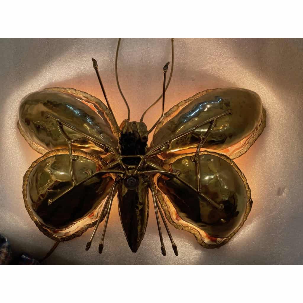 1970’Couple D’Appliques Papillon en Bronze ou Laiton, Duval Brasseur Ou Isabelle Faure, 4 Ampoules, Ailes d’Agate | Biron 1970’Couple D’Appliques Papillon en Bronze ou Laiton, Duval Brasseur Ou Isabelle Faure, 4 Ampoules, Ailes d’Agate