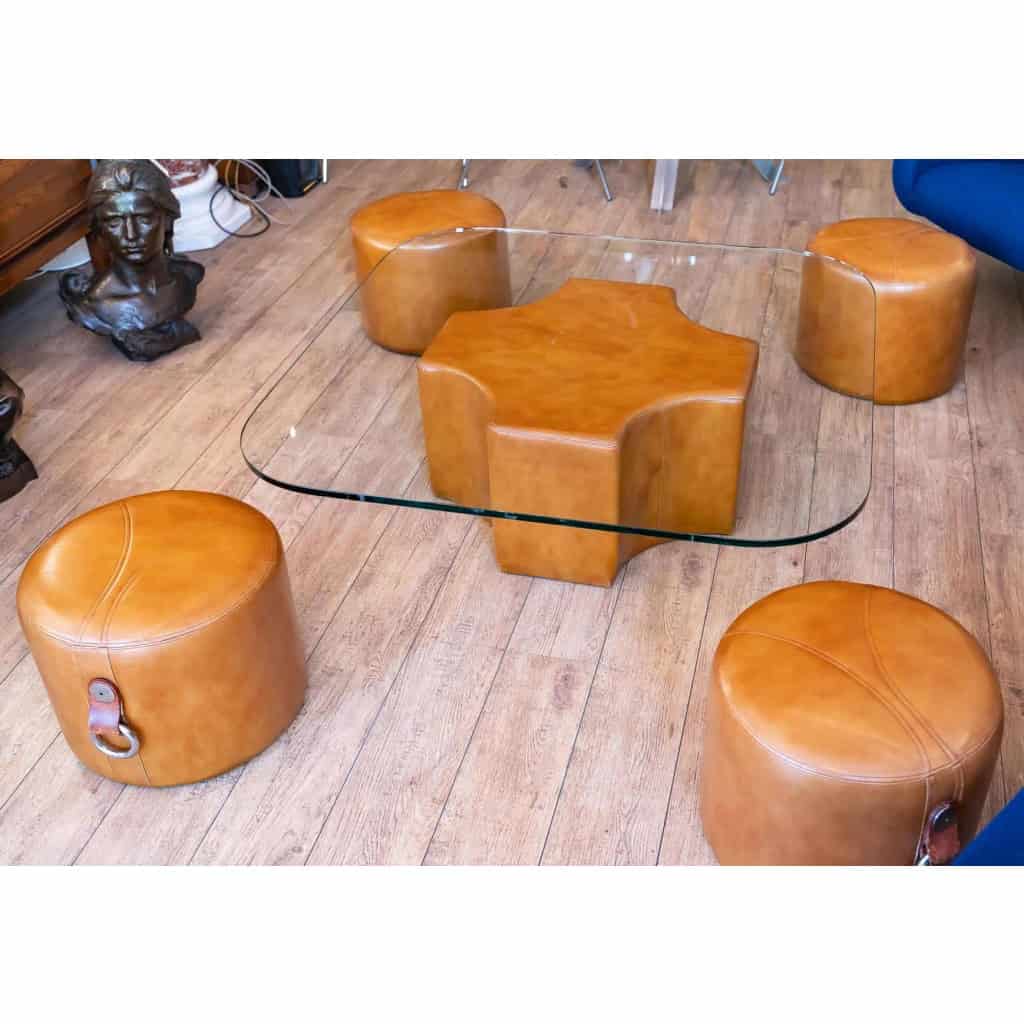 Table basse avec ses 4 poufs intégrés, 1980 | Biron Table basse avec ses 4 poufs intégrés, 1980