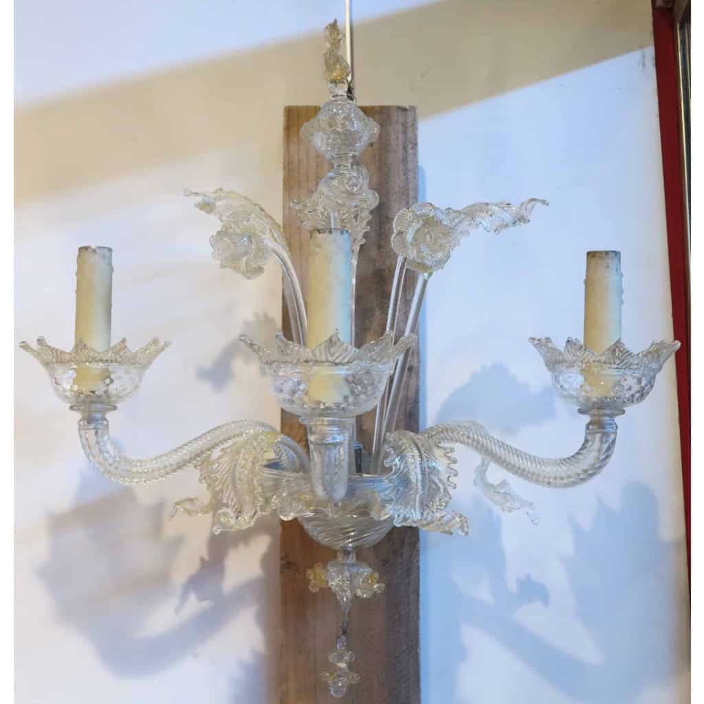 1950′ Paire d’Appliques Cristal Murano et Inclusion Feuilles d’Or 3 Bras | Biron ||||||