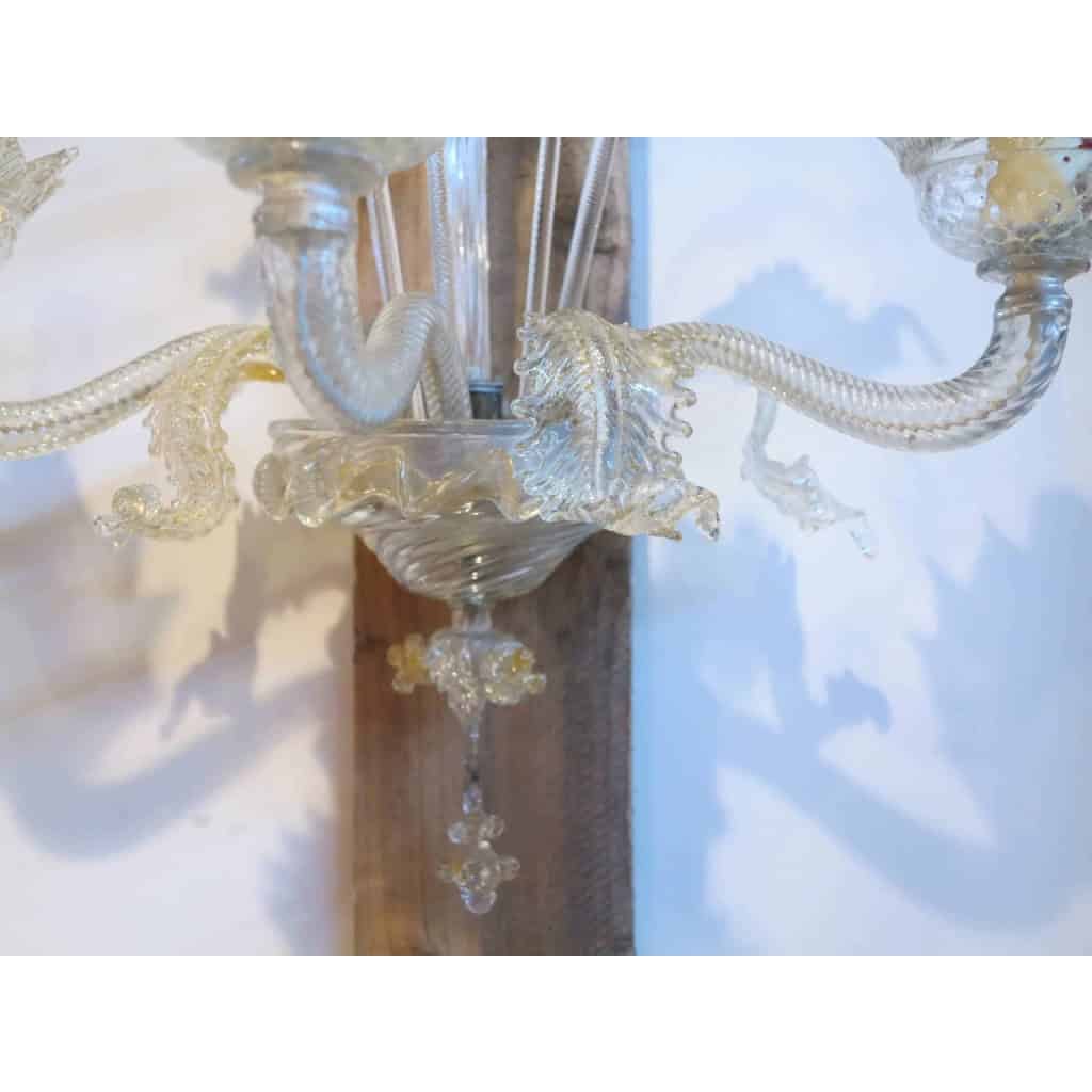 1950′ Paire d’Appliques Cristal Murano et Inclusion Feuilles d’Or 3 Bras | Biron 1950′ Paire d’Appliques Cristal Murano et Inclusion Feuilles d’Or 3 Bras