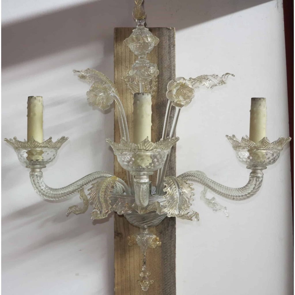 1950′ Paire d’Appliques Cristal Murano et Inclusion Feuilles d’Or 3 Bras | Biron 1950′ Paire d’Appliques Cristal Murano et Inclusion Feuilles d’Or 3 Bras