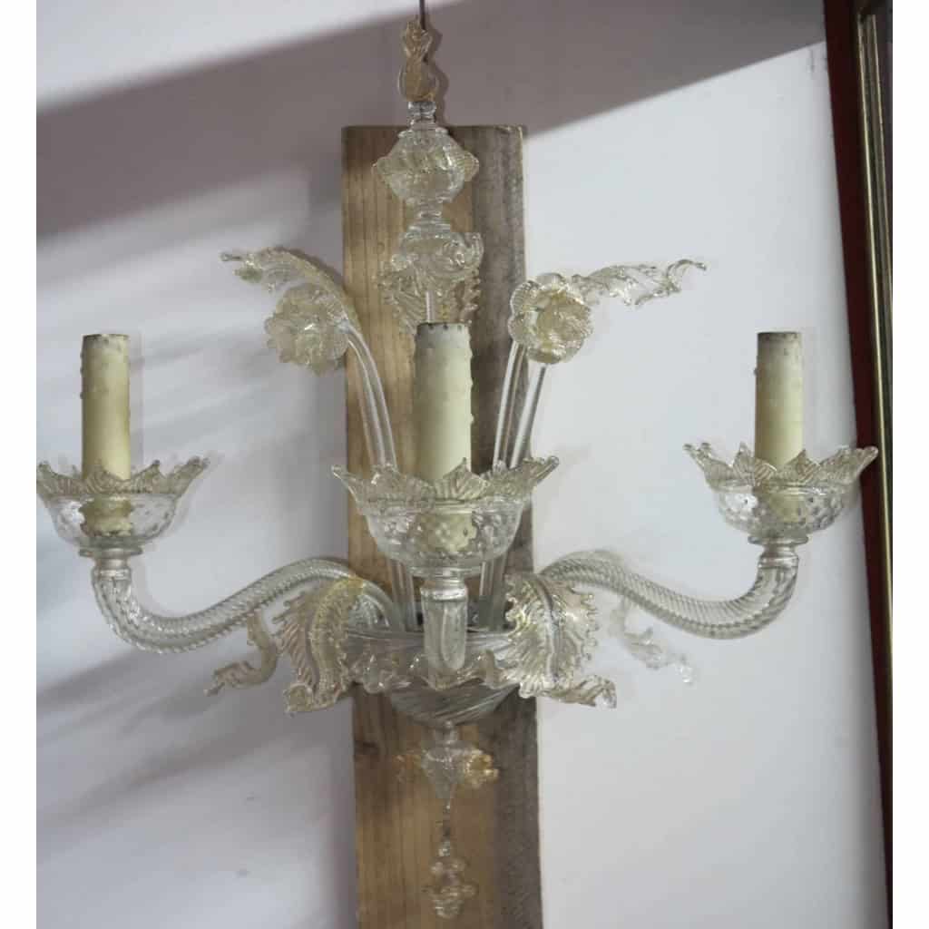 1950′ Paire d’Appliques Cristal Murano et Inclusion Feuilles d’Or 3 Bras | Biron 1950′ Paire d’Appliques Cristal Murano et Inclusion Feuilles d’Or 3 Bras