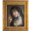 Portrait d’une jeune femme au ruban bleu. | Biron ||||||