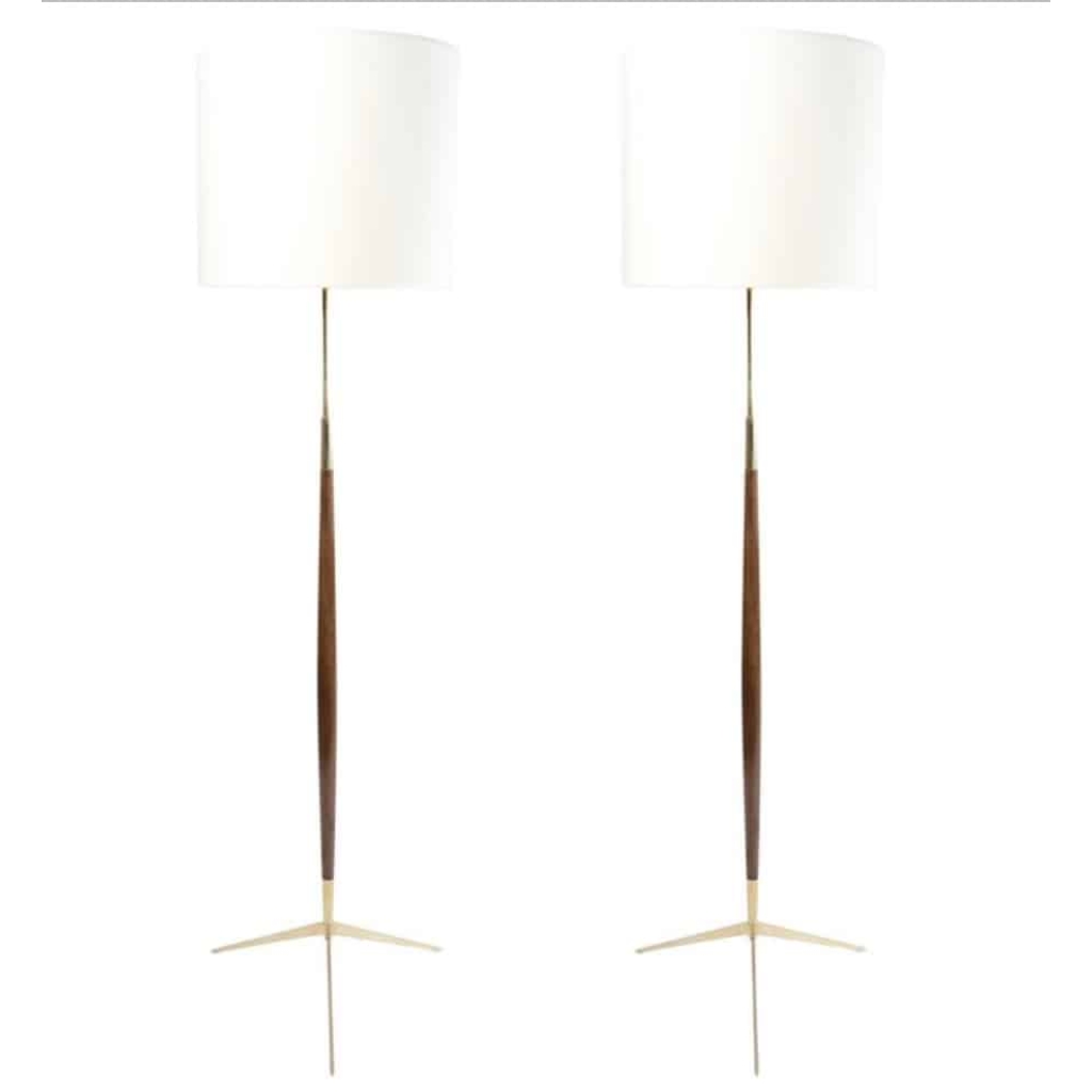 1950 Paire de Lampadaires tripodes en laiton et bois Maison Lunel | Biron ||||||