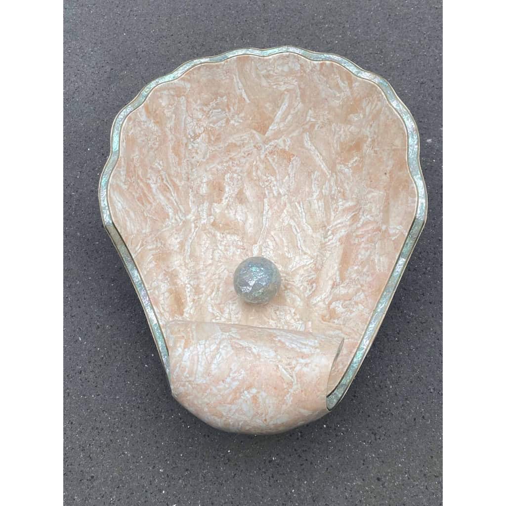 1970′ Table Basse à l’huitre Perlière en Résine à l’Imitation du Marbre Tesselé pour Roméo