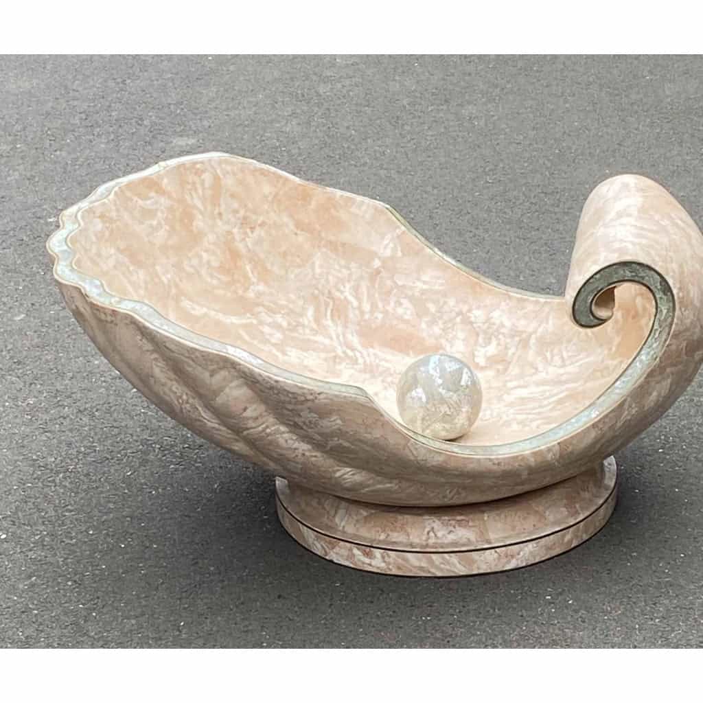 1970′ Table Basse à l’huitre Perlière en Résine à l’Imitation du Marbre Tesselé pour Roméo