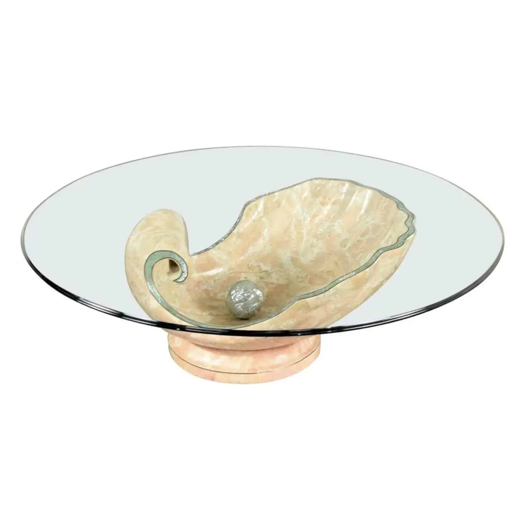 1970′ Table Basse à l’huitre Perlière en Résine à l’Imitation du Marbre Tesselé pour Roméo
