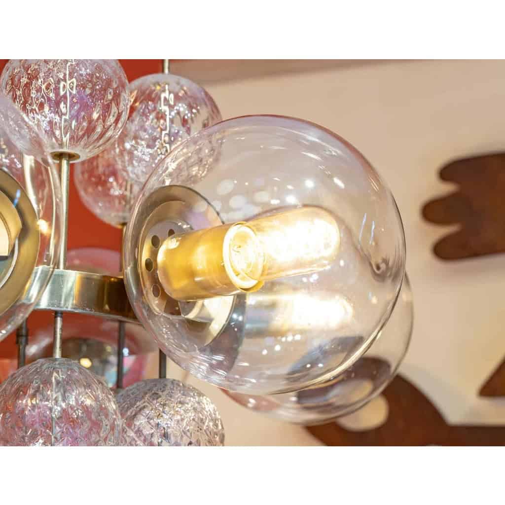 Lustre, ou suspension, en laiton doré et verre soufflé, années 1970 | Biron Lustre, ou suspension, en laiton doré et verre soufflé, années 1970