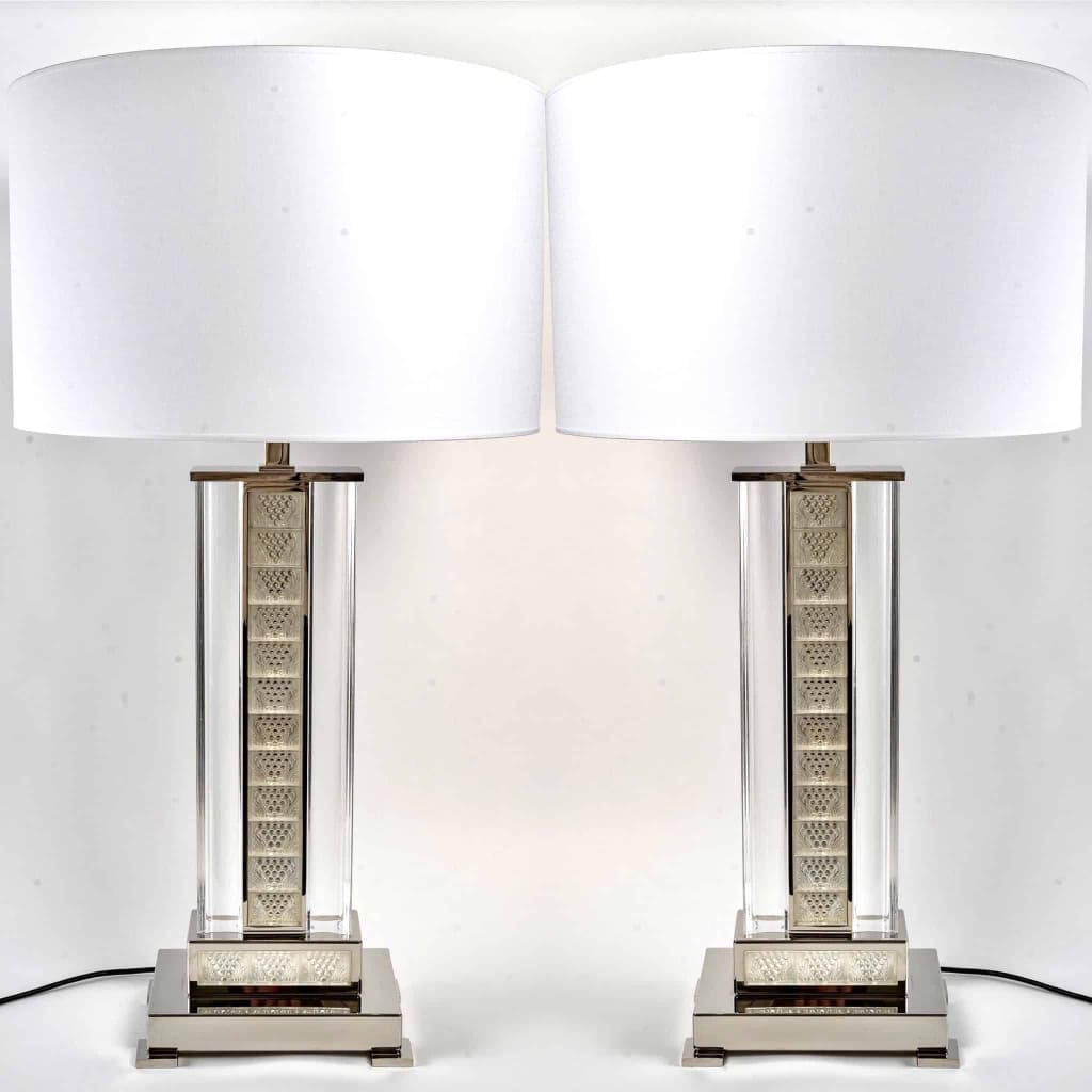 Paire de Lampes « Raisins » cristal blanc et acier nickelé de LALIQUE France | Biron |||||||||||