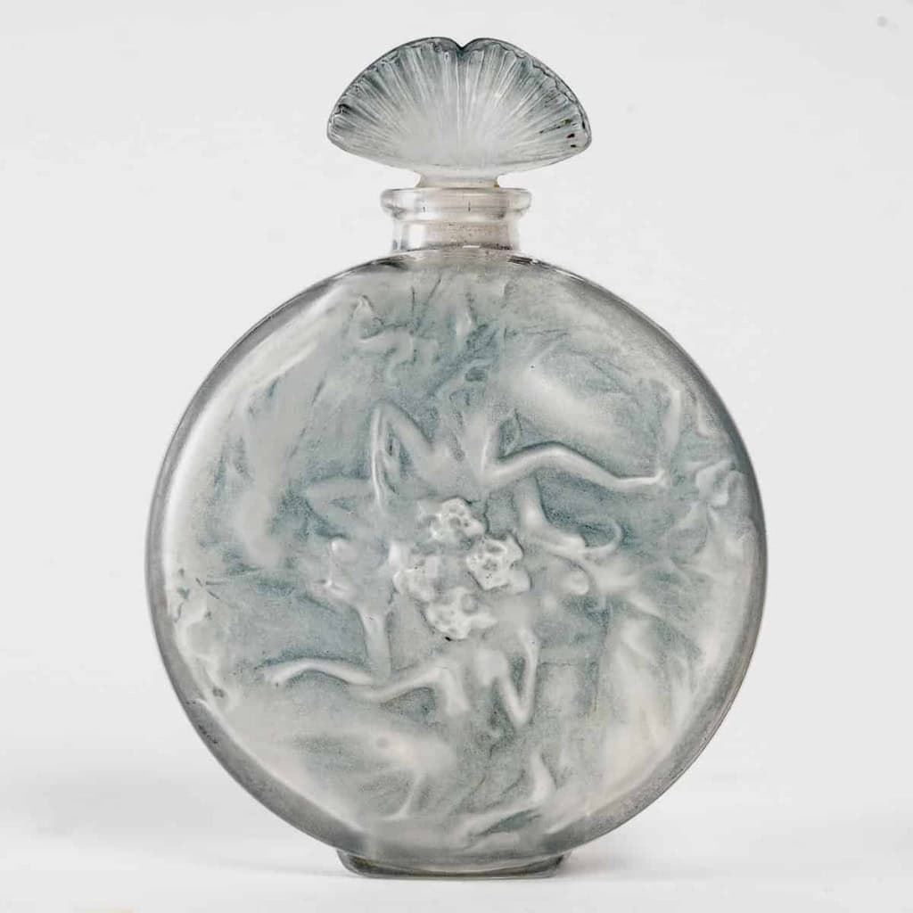 Flacon « Rosace Figurines » verre blanc patiné bleu de René LALIQUE | Biron |||||