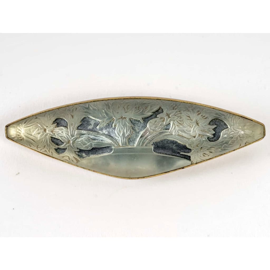 Broche « Vase de Bluets » verre blanc patiné bleu sur clinquant argent de René LALIQUE | Biron |||||