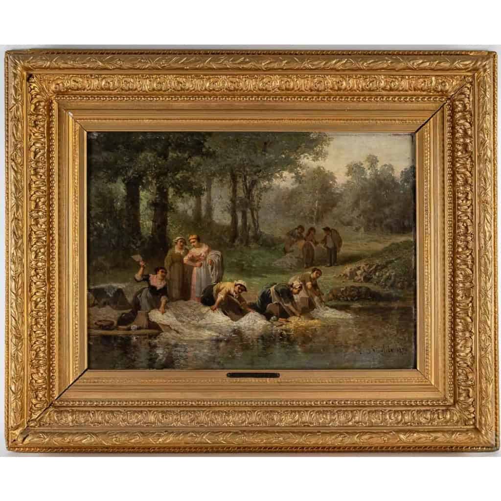 Huile sur bois représentant les lavandières, signé et daté L. SAURFELT, 1879 | Biron ||||||||||