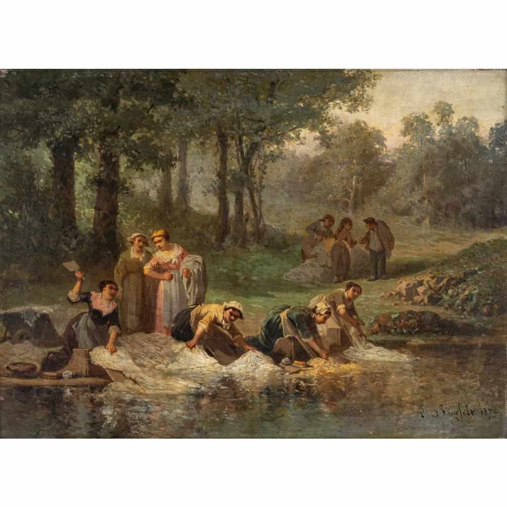 Huile sur bois représentant les lavandières, signé et daté L. SAURFELT, 1879 | Biron Huile sur bois représentant les lavandières, signé et daté L. SAURFELT, 1879