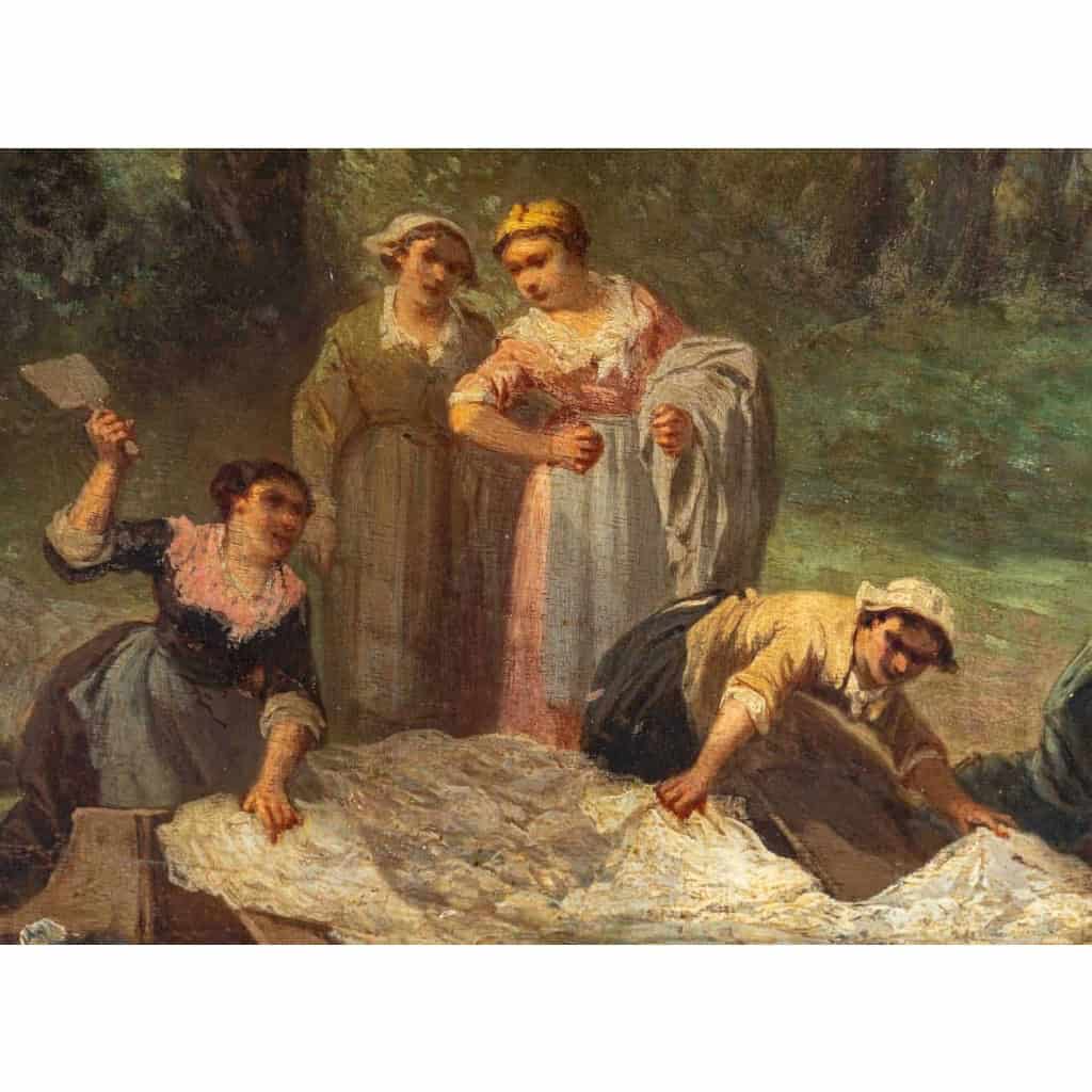 Huile sur bois représentant les lavandières, signé et daté L. SAURFELT, 1879 | Biron Huile sur bois représentant les lavandières, signé et daté L. SAURFELT, 1879