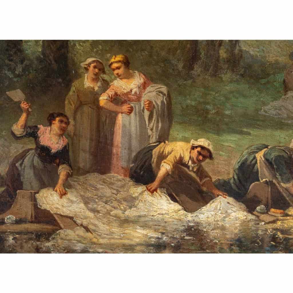 Huile sur bois représentant les lavandières, signé et daté L. SAURFELT, 1879 | Biron Huile sur bois représentant les lavandières, signé et daté L. SAURFELT, 1879