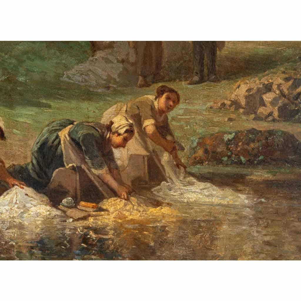 Huile sur bois représentant les lavandières, signé et daté L. SAURFELT, 1879 | Biron Huile sur bois représentant les lavandières, signé et daté L. SAURFELT, 1879