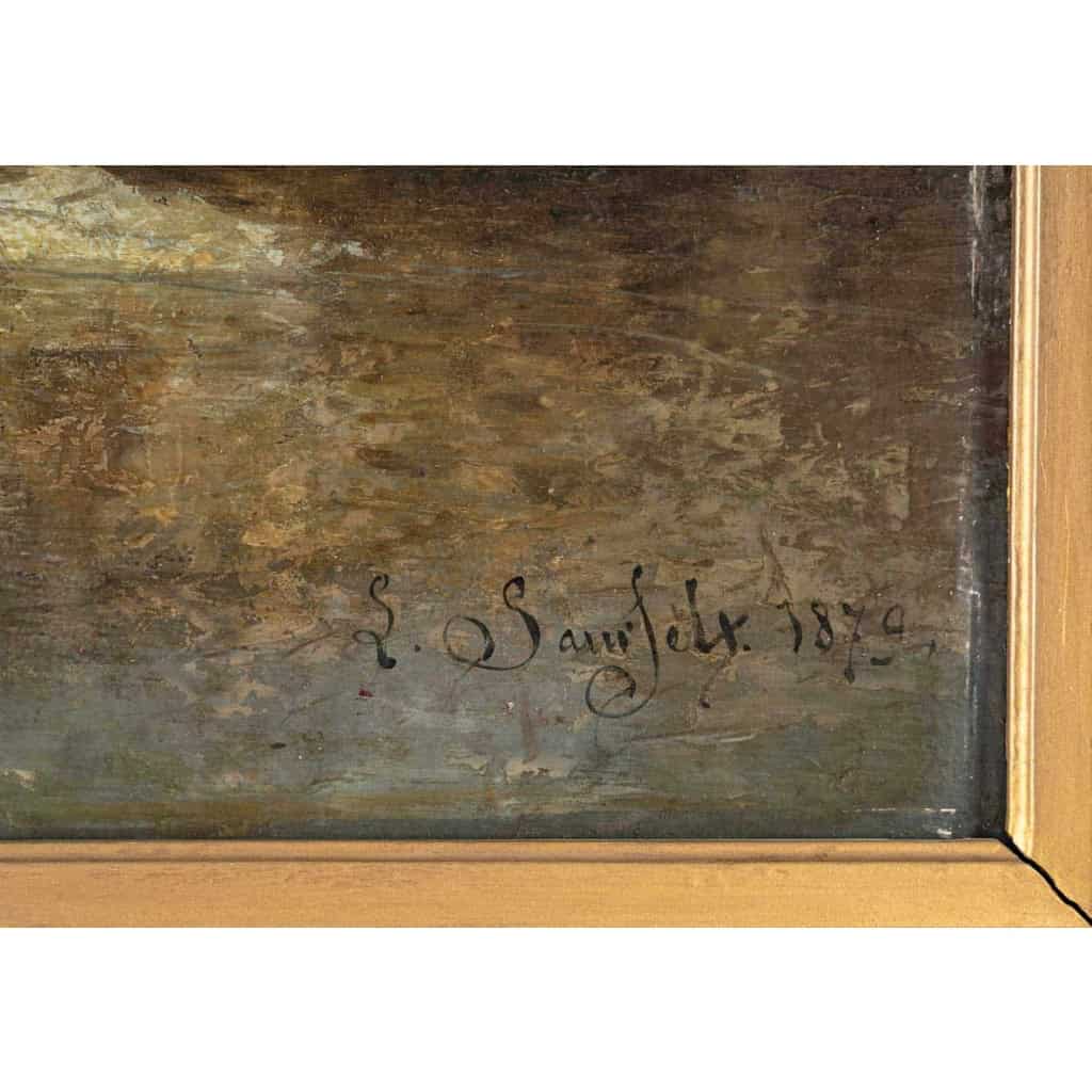 Huile sur bois représentant les lavandières, signé et daté L. SAURFELT, 1879 | Biron Huile sur bois représentant les lavandières, signé et daté L. SAURFELT, 1879