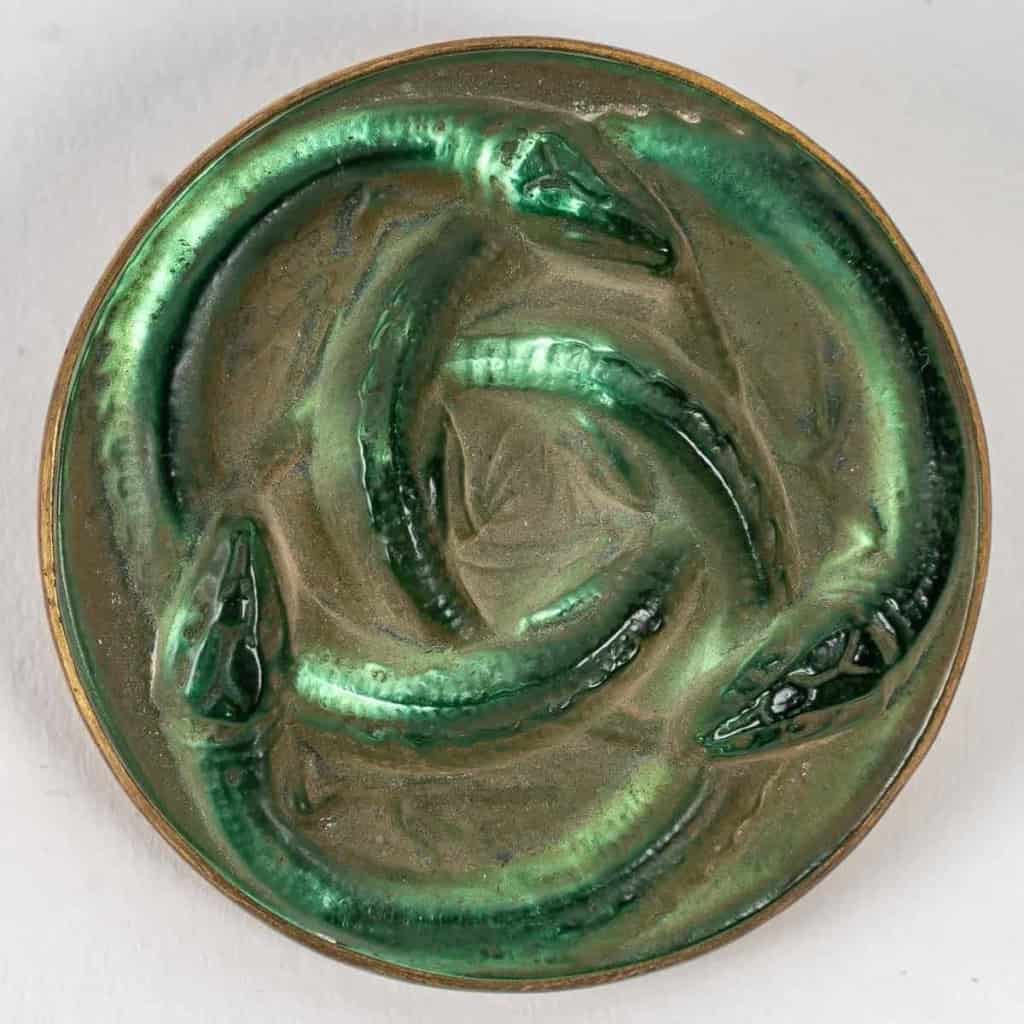 Broche « Lézards » verre blanc patiné sépia sur clinquant vert de René LALIQUE | Biron ||||