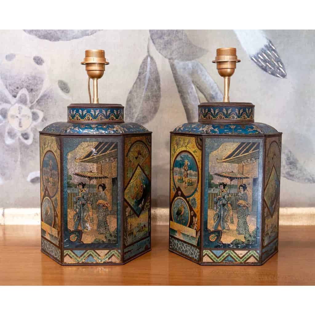 Paire de boîtes à thé montées en lampe, circa 1880 | Biron Paire de boîtes à thé montées en lampe, circa 1880