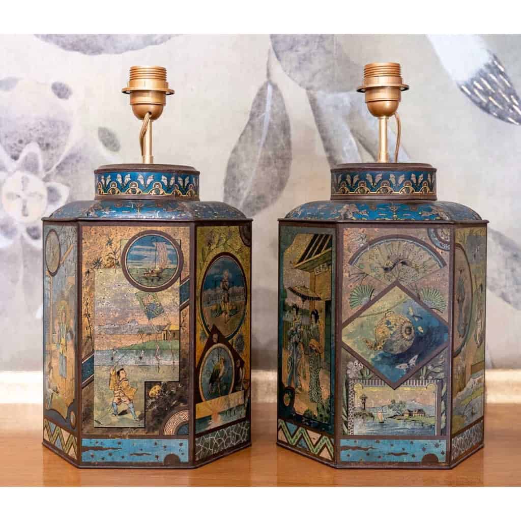 Paire de boîtes à thé montées en lampe, circa 1880 | Biron Paire de boîtes à thé montées en lampe, circa 1880