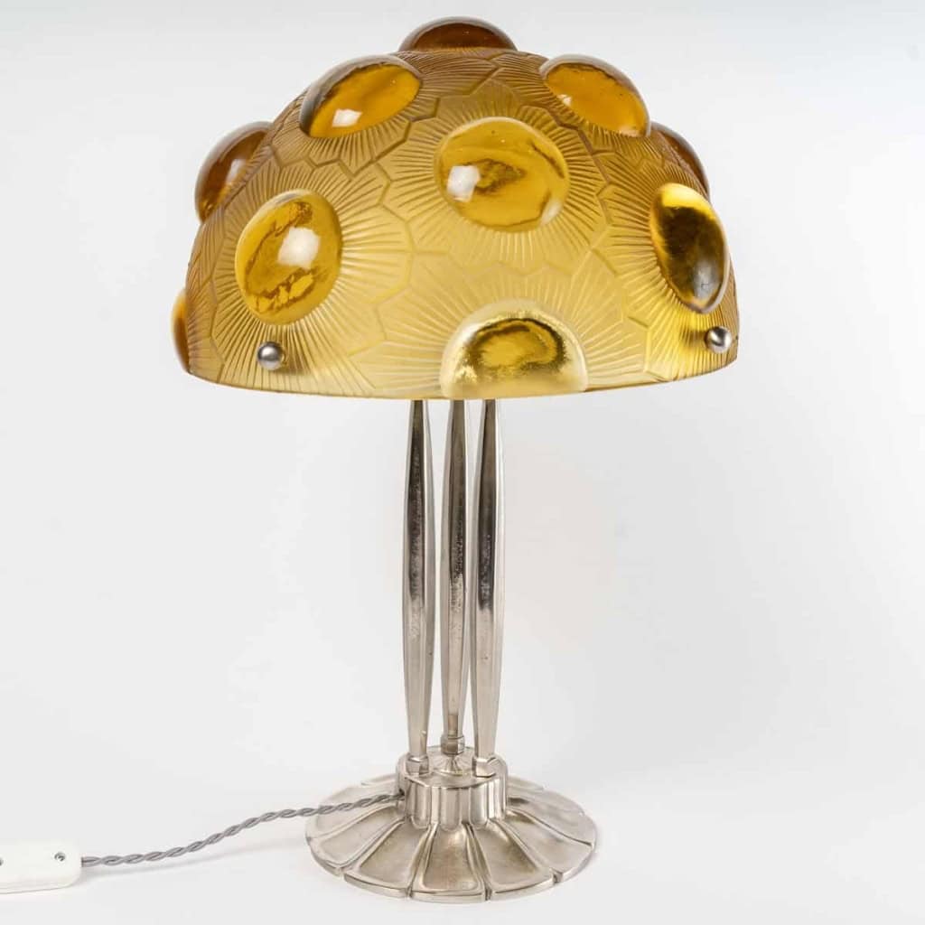 Lampe « Soleil » verre jaune – pied bronze nickelé de René LALIQUE | Biron |||||||