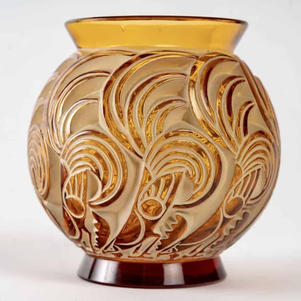 Vase « Bresse » verre jaune ambré patiné vert beige de René LALIQUE | Biron ||||||||