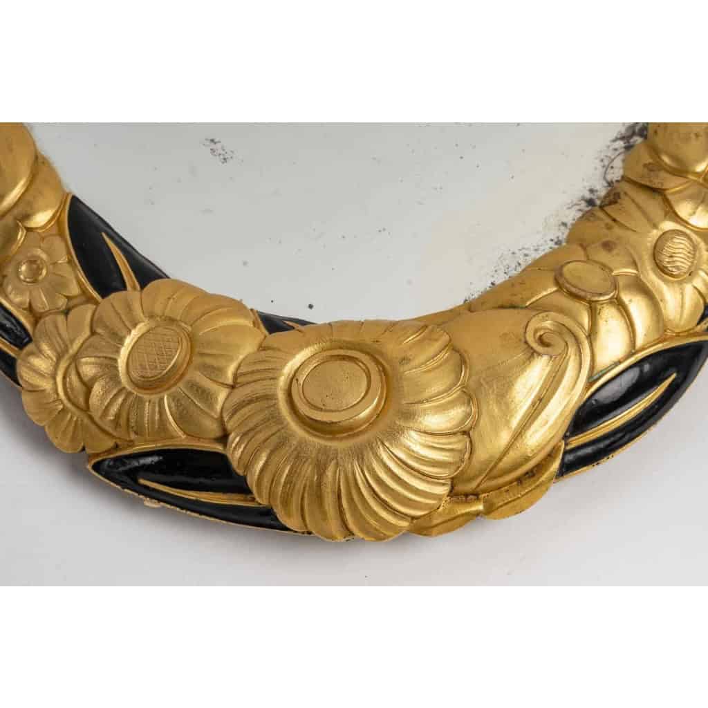 Miroir « Fleurs » bronze doré et émail noir de SÜE et MARE | Biron Miroir "Fleurs" bronze doré et émail noir de SÜE et MARE