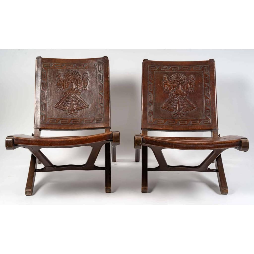 Paire de chaises en acajou et cuir, 1960 | Biron |||||||
