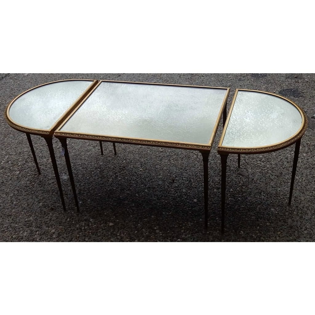 1970′ Table Tripartite Maison Charles, Jansen Ou Baguès Décor Palmier en Bronze Doré avec Plateaux Miroirs Vieillis 2