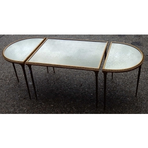 1970′ Table Tripartite Maison Charles, Jansen Ou Baguès Décor Palmier en Bronze Doré avec Plateaux Miroirs Vieillis