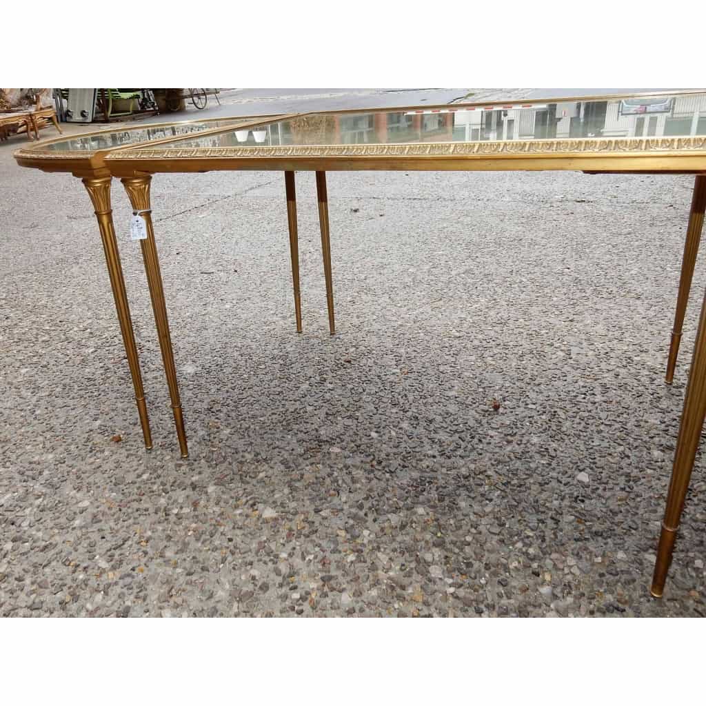 1970′ Table Tripartite Maison Charles, Jansen Ou Baguès Décor Palmier en Bronze Doré avec Plateaux Miroirs Vieillis 11