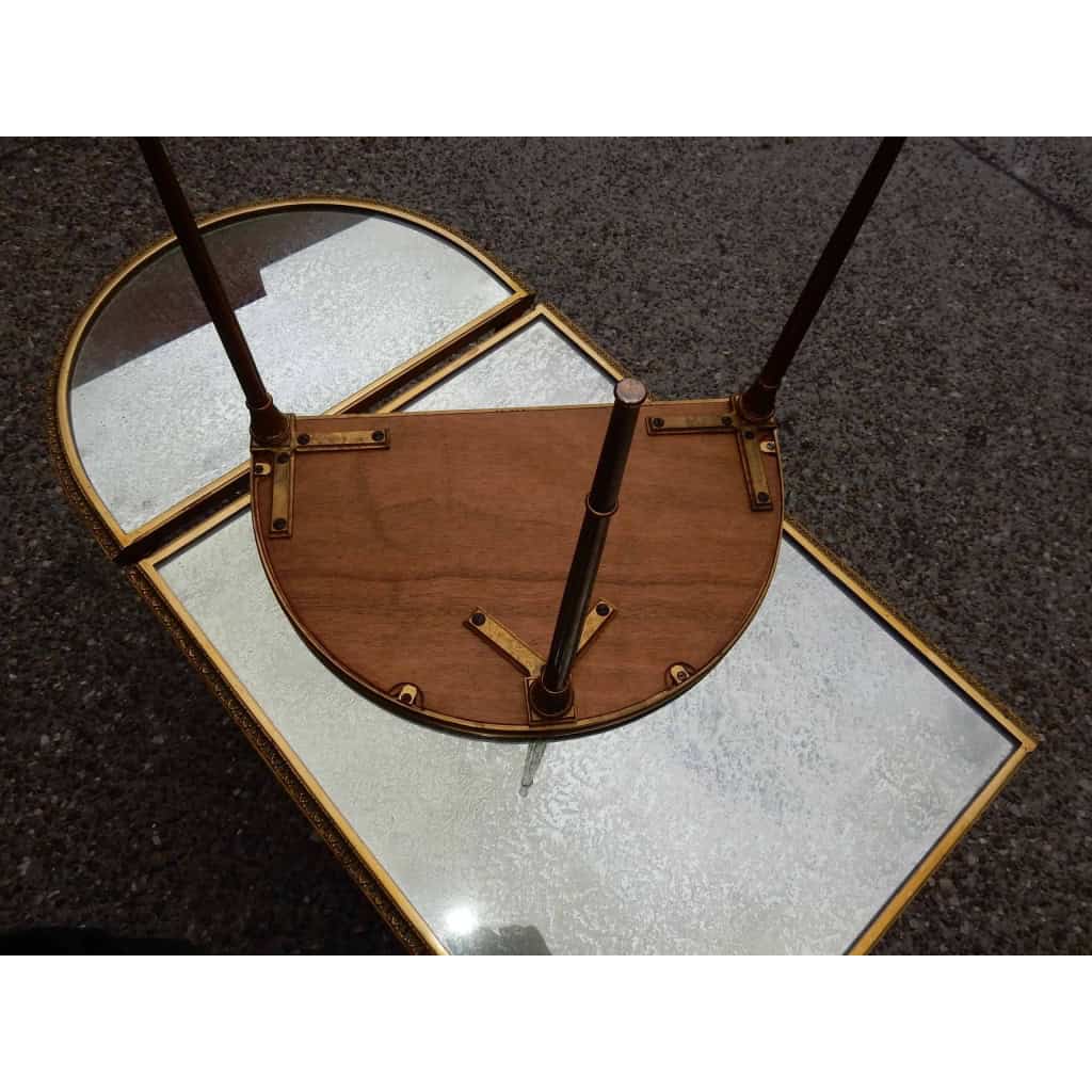 1970′ Table Tripartite Maison Charles, Jansen Ou Baguès Décor Palmier en Bronze Doré avec Plateaux Miroirs Vieillis 12
