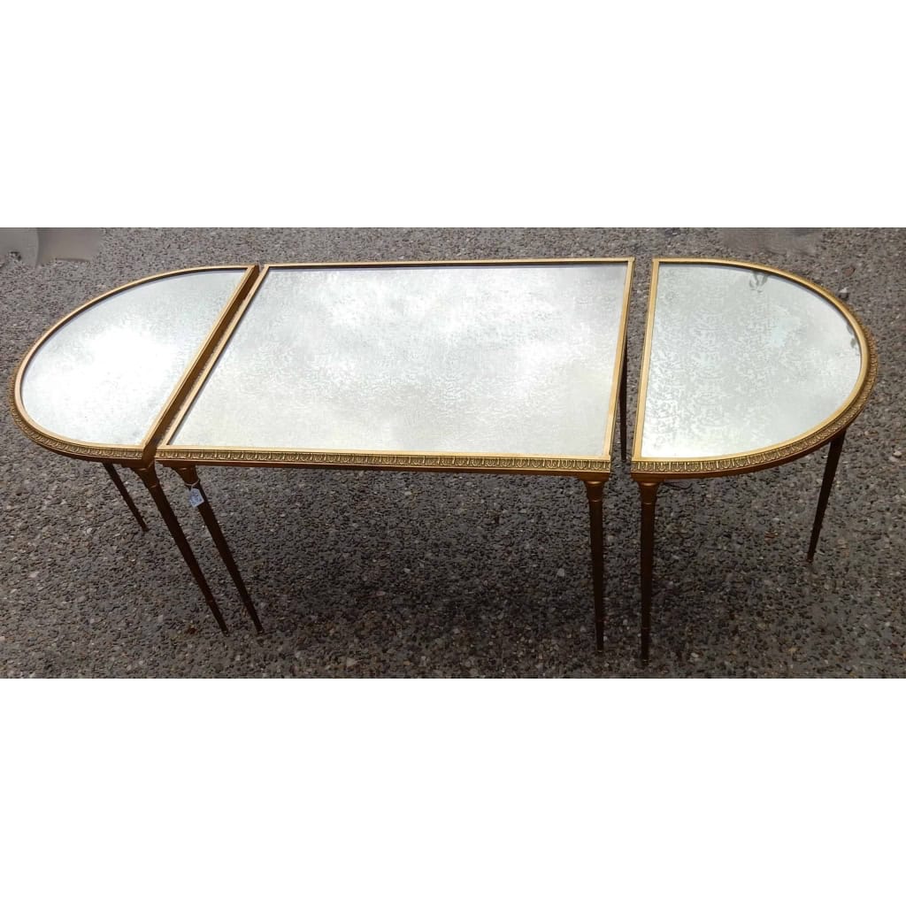1970′ Table Tripartite Maison Charles, Jansen Ou Baguès Décor Palmier en Bronze Doré avec Plateaux Miroirs Vieillis 3