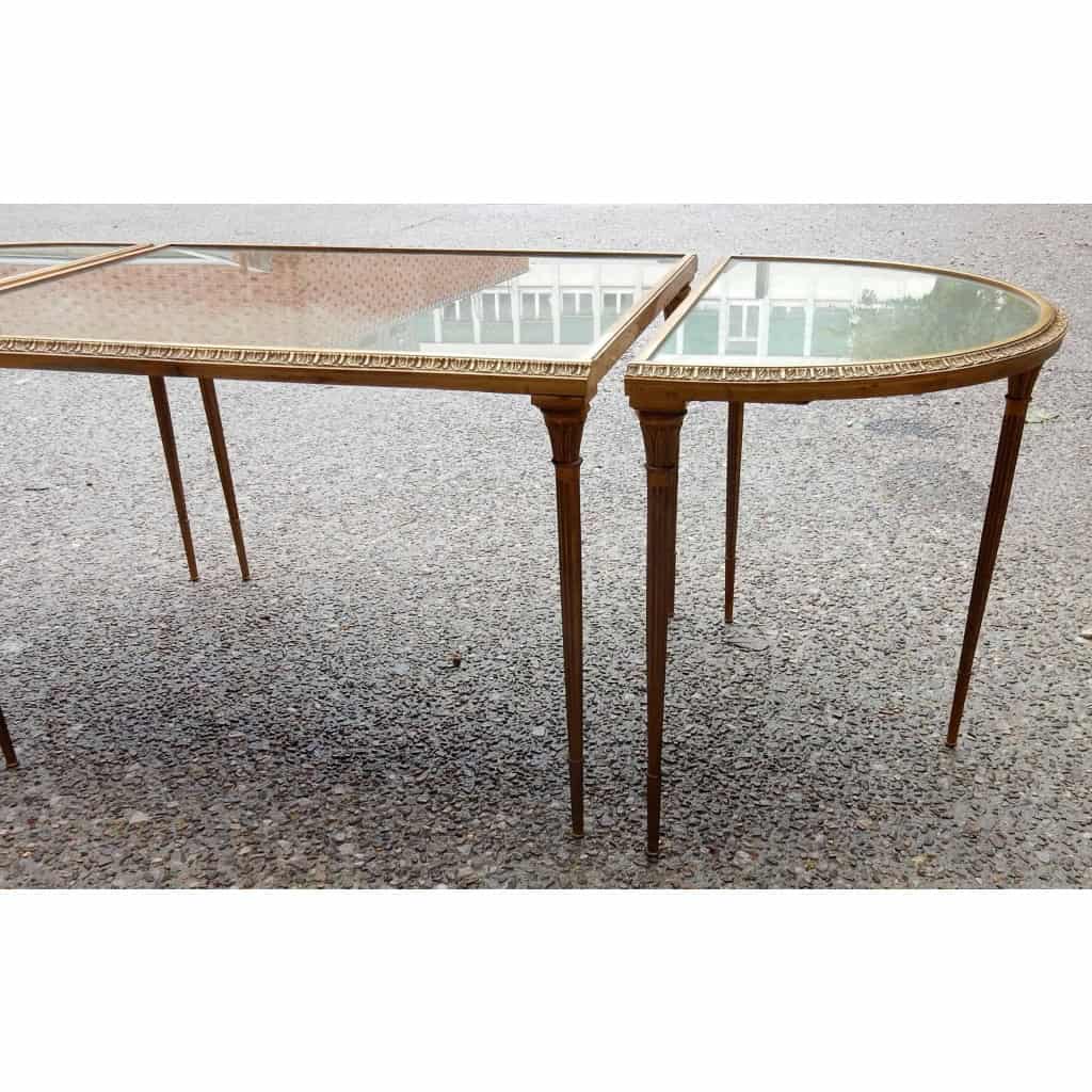 1970′ Table Tripartite Maison Charles, Jansen Ou Baguès Décor Palmier en Bronze Doré avec Plateaux Miroirs Vieillis 4