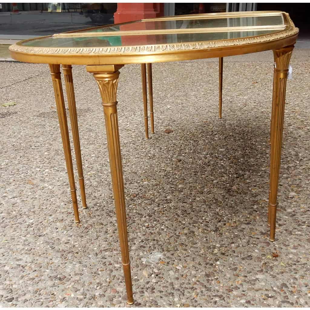 1970′ Table Tripartite Maison Charles, Jansen Ou Baguès Décor Palmier en Bronze Doré avec Plateaux Miroirs Vieillis 6