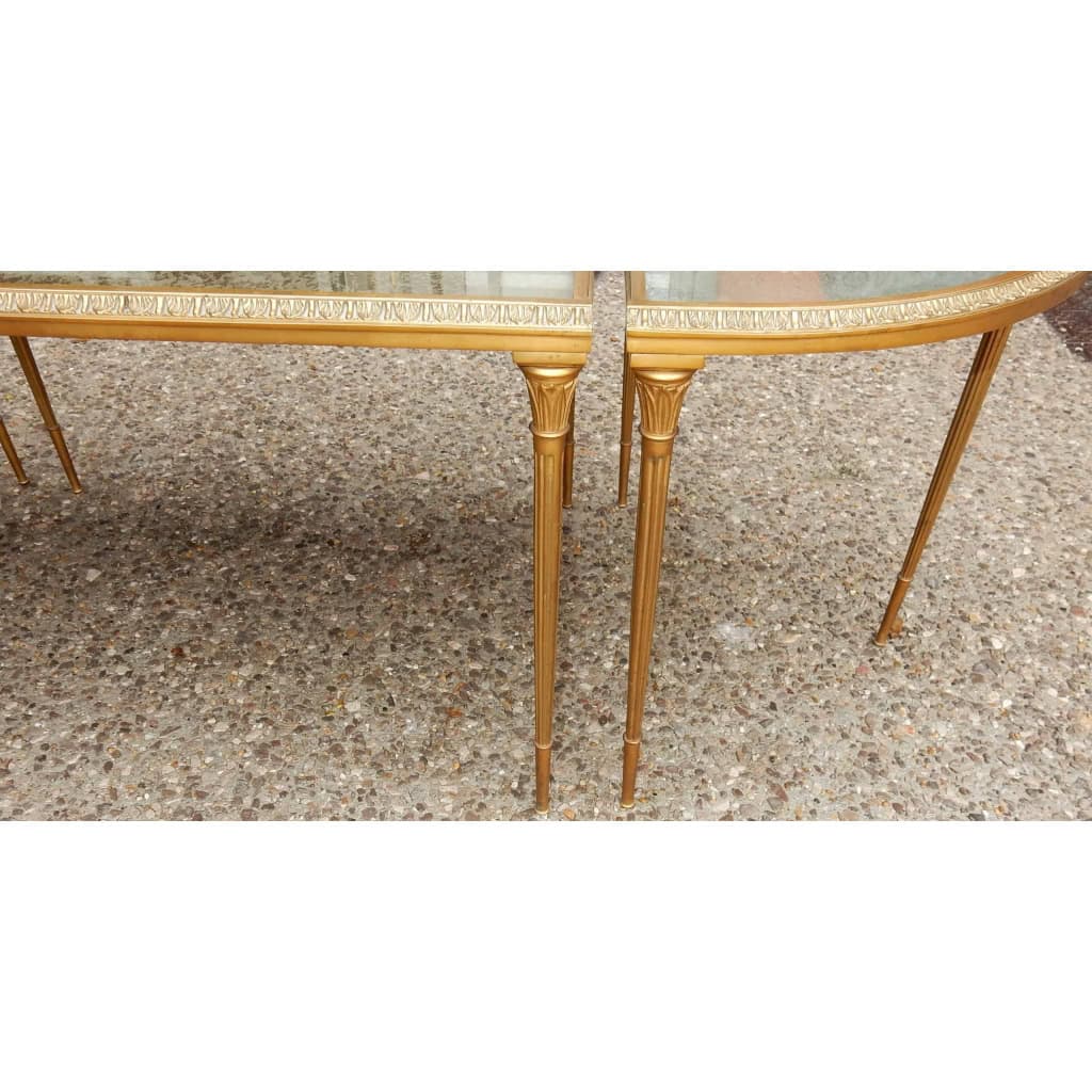 1970′ Table Tripartite Maison Charles, Jansen Ou Baguès Décor Palmier en Bronze Doré avec Plateaux Miroirs Vieillis 7